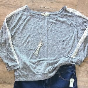 Gently Worn - LOVE CHANGE - Gray Sweater top, Lace Insets in arms, size Large.